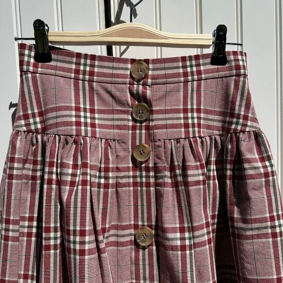 Rejina Pyo Christmas Plaid Midi Skirt Red Green Button Front Size 2 US 6 UK $550 - Picture 5 of 16